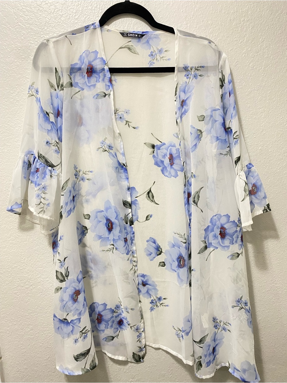 SHEIN White Kimono with Light Blue Floral Print